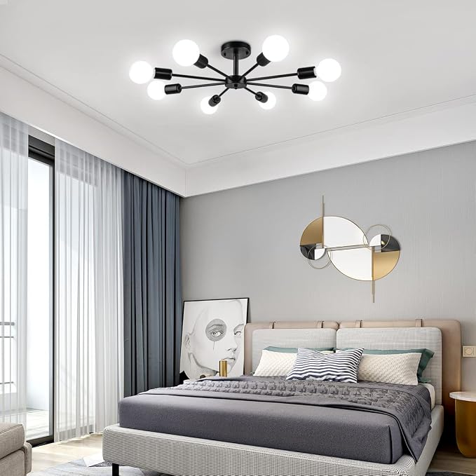 23.62'' Semi Flush Mount Ceiling Light, 8-Lights Modern Chandelier Black Living Room Light, Sputnik Light Fixtures Chandelier for Bedroom Kitchen Study Office - Image 6