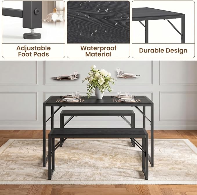 Bealife Dining Table Set for 4 with Metal Frame and MDF Board - Black | Space Saving Kitchen Table with 2 Benches, Kitchen Table Set for Apartment, Dining Room, Breakfast Nook - Image 6