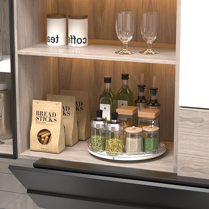 Oroyutor 12-Inch Oak Lazy Susan Spice Organizer with Silver Metal Rail | Rotating oak tray organizes spices, toiletries and decor on kitchen counters, bathroom vanities, dining and coffee tables. - Image 7