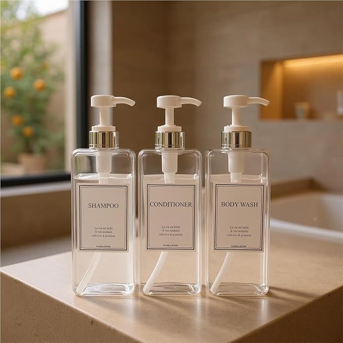 Modern Design Large 27 oz Shampoo and Conditioner Dispensers - Plastic Refillable Pump Bottle Set for Bathroom Shower Soap Dispenser, Includes 6 Waterproof Labels, Set of 3 (Clear & Silver)