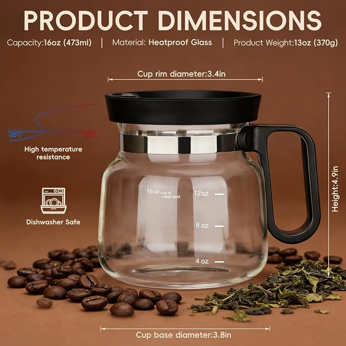 2pcs Coffee Pot Mug with Lid,16Oz Mini Glass Coffee Pot Coffee Mug Set with Spill Proof Lid & Heat Proof, Novelty Coffee Pot Cup for Coffee Lovers Gifts (2PCS) - Image 3