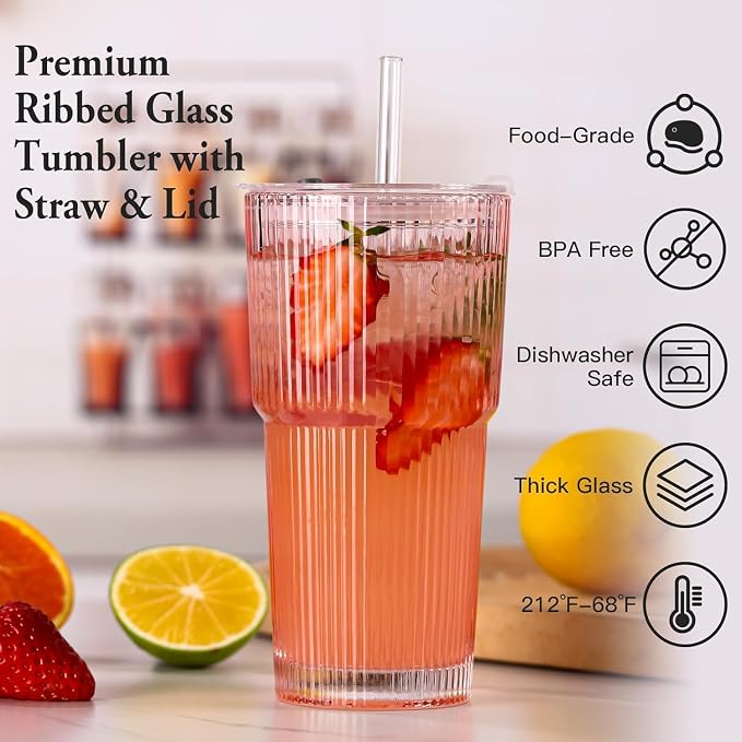 4PCS Colored Ribbed Glass Cups with Lids and Straws, 20oz Vintage Drinking Glasses, Aesthetic Iced Coffee Cups, Glass Tumbler for Boba, Beer, Tea, Cocktails, Ribbed Glassware Set,Colored - Image 2