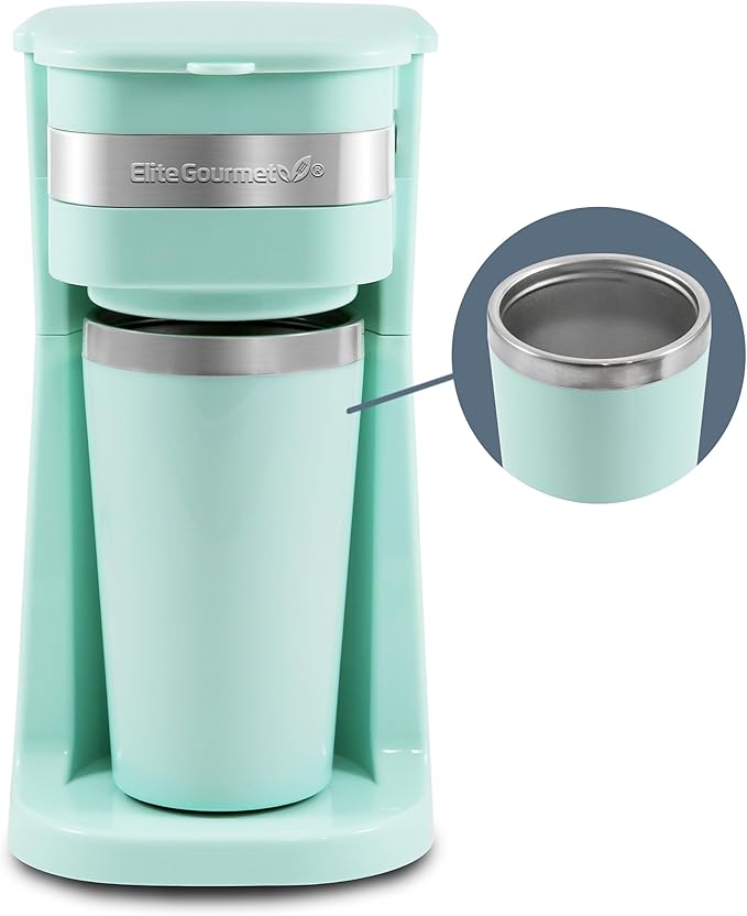 Elite Gourmet EHC113M Personal Single-Serve Compact Coffee Maker, Mint | Includes 14oz stainless steel interior thermal travel mug, reusable filter - compatible with coffee grounds by EliteGourmet