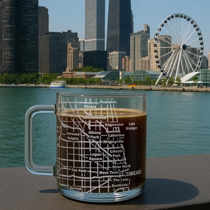 Greenline Goods – Chicago, IL Map Glass Coffee Mugs (Set of 2), 16 oz – Etched Wrap Design