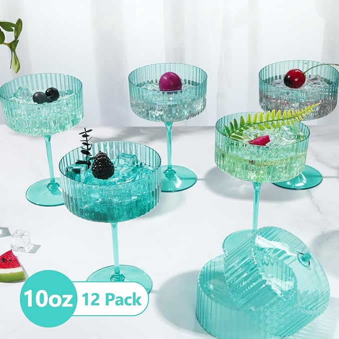 Jingmore 12 Pcs Ribbed Martini Glasses 10 oz Disposable Plastic Vintage Ribbed Coupe Glasses Unbreakable Dessert Parfait Glassware for Wedding Birthday Party Supplies (Light Green) - Image 3