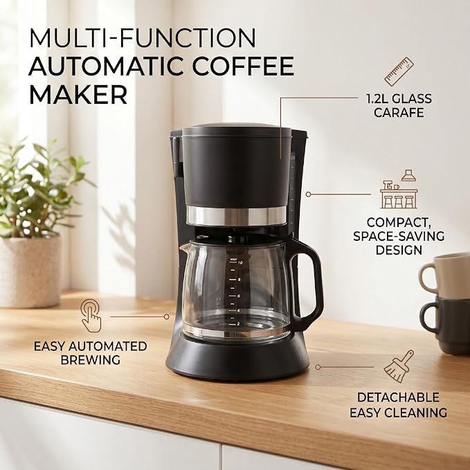 Asixxsix AutomaticCoffeeMaker, 1.2L Glass Carafe Coffee Machine, Removable Glass Coffee Pot, Compact Design, Kitchen Essentials & Accessories - Image 6
