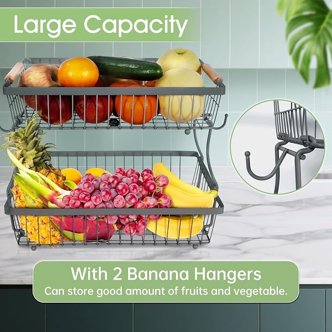 Fruit Basket Bowl 2 Tier Detachable with 2 Banana Hangers, Fruit Stand Holder for Kitchen Countertop, Metal Wire Vegetable Storage Organizer, for Bread Snack Veggies Produce, gray - Image 3