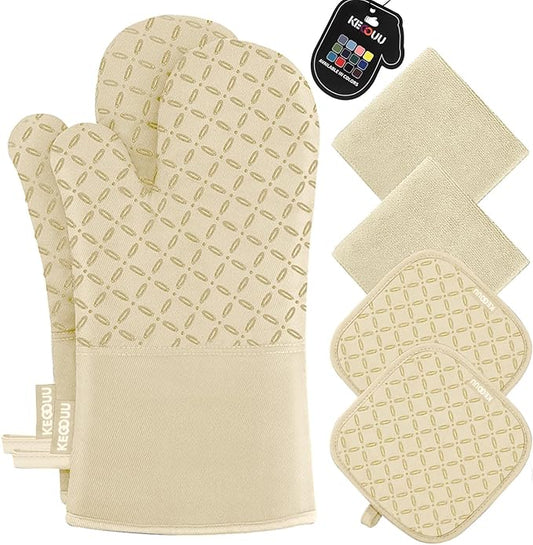 KEGOUU Oven Mitts and Pot Holders 6pcs Set, Kitchen Oven Glove High Heat Resistant 500 Degree Extra Long Oven Mitts and Potholder with Non-Slip Silicone Surface for Cooking (Beige) by KEGOUUOvenMitt