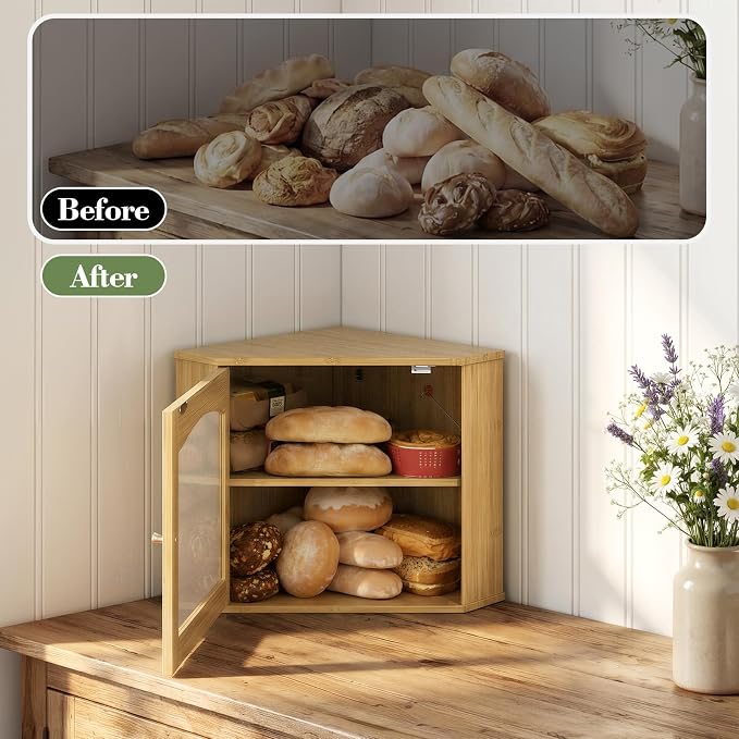 LAMU Corner Bread Box for Kitchen Countertop, Bamboo Wood Bread Storage | 2-Tier Storage Bin with Magnetic Acrylic Door, Large Capacity Organizer for Homemade Bread, Coffee, Fruit & Spices, Bamboo - Image 8