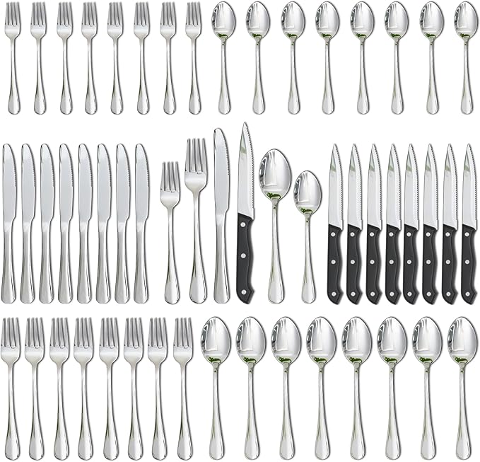 Astercook Silverware Set 48-Piece Flatware with Steak Knives Food-Grade Stainless Steel Cutlery for 8 Mirror Polished Utensils Set Include Spoons and Forks for Home Kitchen Restaurant by Astercook