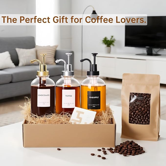 STARSIDE Coffee Bar Accessories 2 Pack - 16.9 oz/500 ml Glass Syrup Dispenser with Leakproof Gold Curved Pumps for Home Coffee, Cafes, Cocktails - Includes 31 Printed Labels, 5 Blank Labels