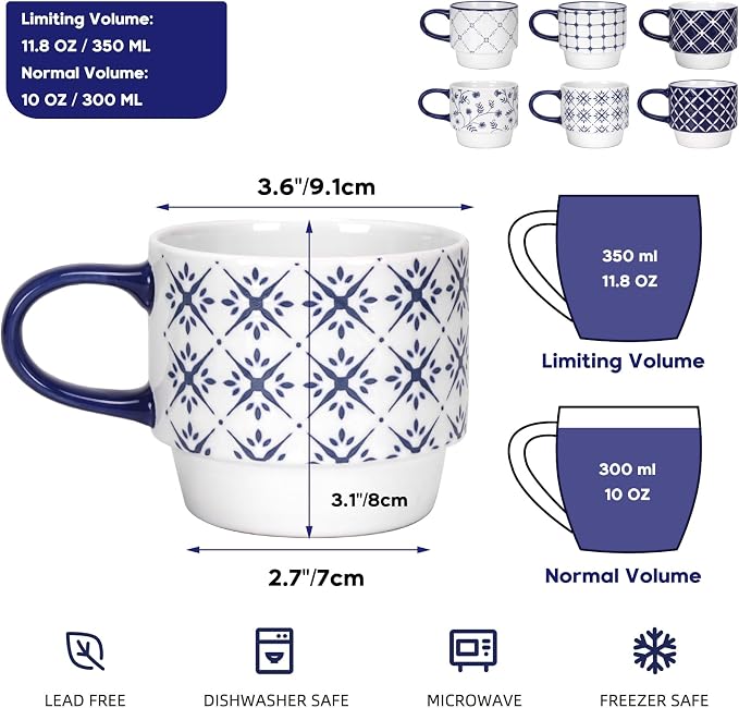 Schliersee 12 OZ Stackable Ceramic Coffee Mugs set of 6, Geometric Floral Pattern Small Mug, Blue White Porcelain Coffee Mug, Stacking Coffee Mugs, Tea Mug, Water Cup, Dishwasher Safe, Microwave Safe - Image 2