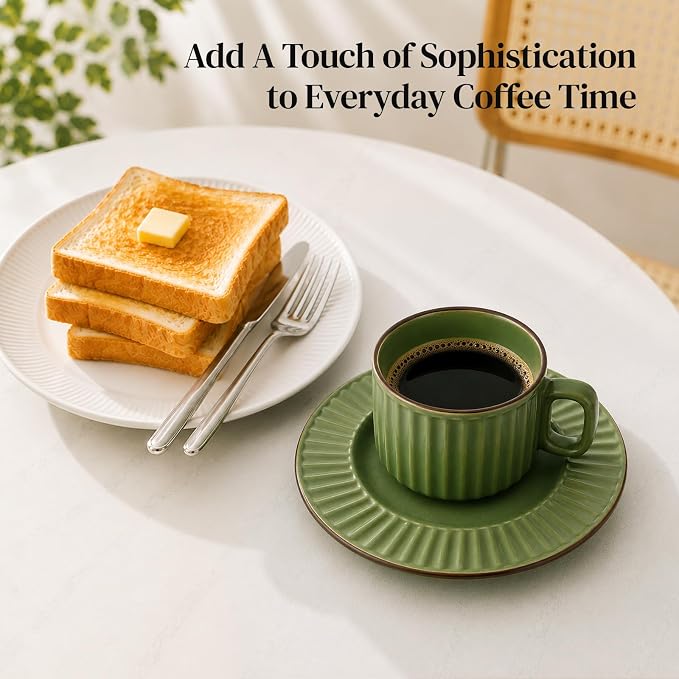 DOWAN Cappuccino Cup Set of 4, 8 OZ Ceramic Coffee Cups with Saucers, Coffee Mugs, Ribbed Espresso & Latte Cups Set, Elegant Stoneware for Home & Café Use - Image 5