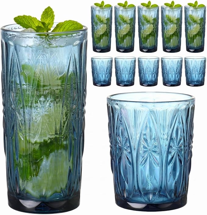 Blue Drinking Glasses Set of 12, 12 Oz Highball & 10 Oz Cocktail Glasses, Blue Kitchen Vintage Glassware Set, Floral Embossed Glass Tumbler Cups for Beer, Juice, Whiskey, Coffee(Snow) by FERAHI