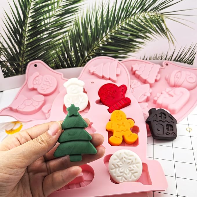 3 Pack Christmas Silicone Chocolate Molds, Xmas Holiday Baking Mold Snowflake Christmas Tree Snowman Gingerbread Man Santa Claus Shape Mold for DIY Candy Soap Candles Jello Cake Pans Cookie Trays