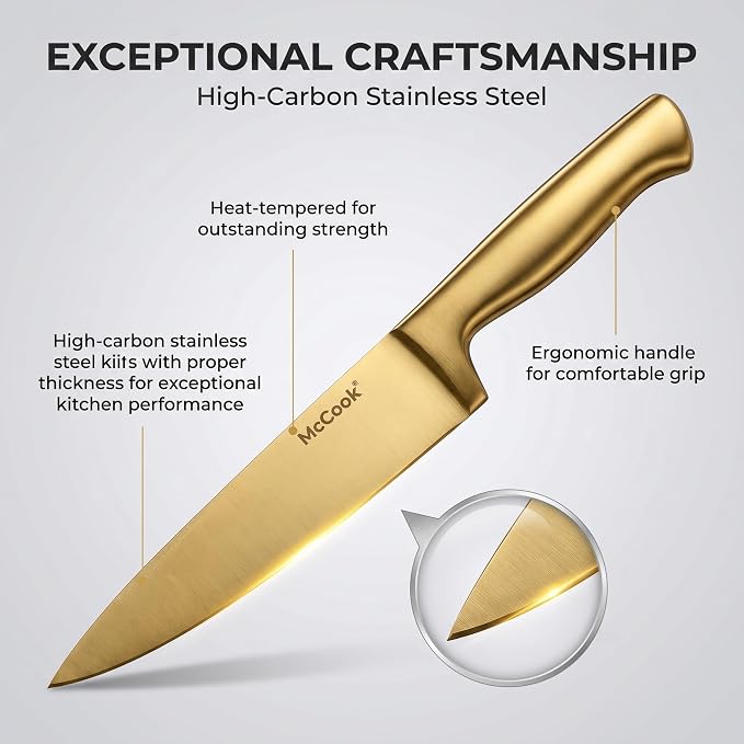 McCook® Kitchen Knife Sets, Golden Titanium Stainless Steel Knives Block Set with Built-in Sharpener, 20 Piece Knives, Restaurant Grade Sharp, Elegant Gold & Stylish Wooden Block for Modern Culinary | German Forged Stainless Steel,20 PC,Razor Sharp,Ant... - Image 4