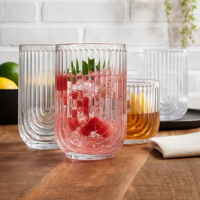 Glaver's 8-Piece Drinking Glass Set, Art Deco Ribbed Arch Glassware, Clear U-Shape Design, 17oz Highball and 11oz DOF Glasses Kitchen Glasses - Image 7