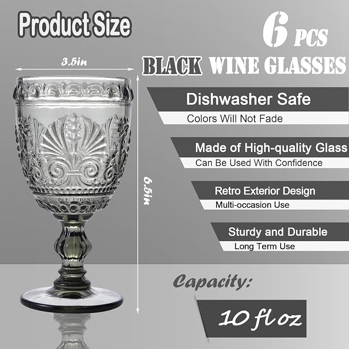 6 Pcs Black Wine Glasses,Goblet Glasses,Vintage Glassware, Made of Sturdy and Durable Glass Can be Used for Weddings, Everyday Fun Parties and More! - Image 2