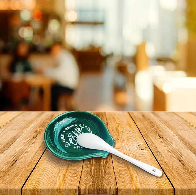 Littlefa Coffee Spoon Rest Holder-Coffee Bar Accessories-Blackish Green | Funny Ceramic Coffee Spoon Rest for Coffee Bar Accessories Essentials, Coffee Lovers Gifts, But First I Drink Sign - Image 6