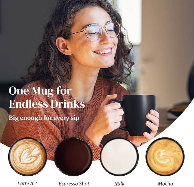DOWAN Coffee Mugs, Black Coffee Mugs Set of 6, 16 oz Ceramic Coffee Cups with Large Handles for Men Women, Porcelain Big Mug for Tea Latte, Mug Gifts for Home Office Party - Image 5