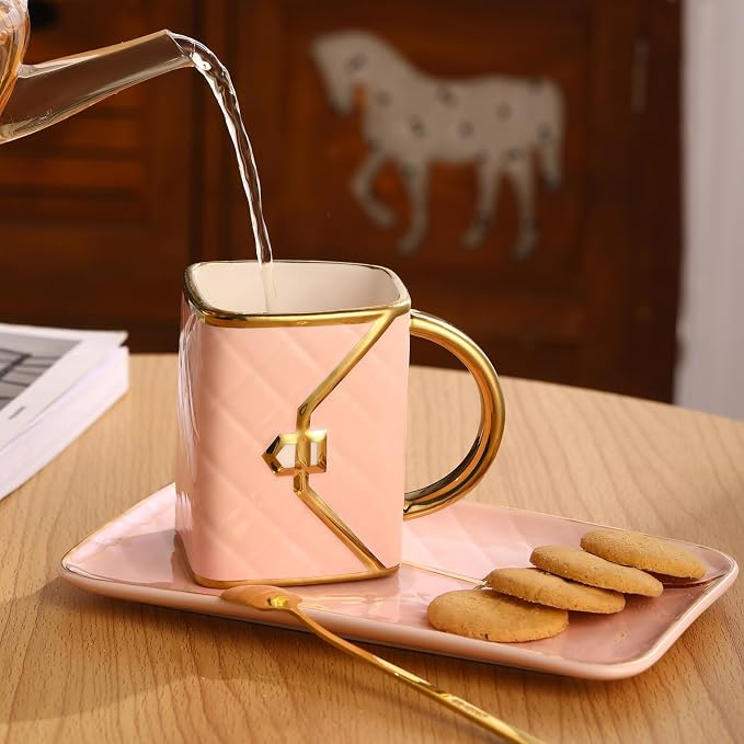 Pink Handbag Shaped Coffee Mug and Saucer,10 Oz Ceramic Purse Cup Set | 10 oz,ceramic,handbag mug with matching saucer,cute creative tea cup styling,for women and Thanksgiving - Image 5