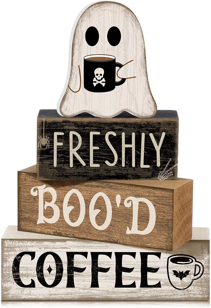 Moucuny 4 Pcs Halloween Coffee Table Decorations Cute Ghost Stacked Wooden Decor - Freshly Boo'd Coffee Halloween Tiered Tray Decor Rustic Ghost Table Centerpiece for Home Kitchen Shelf Bar by Moucuny