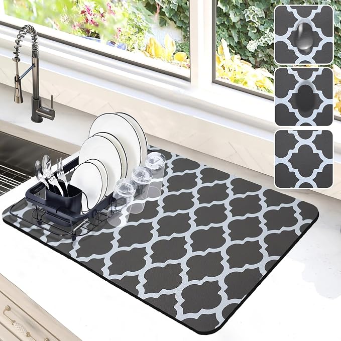 Dish Drying Mat for Kitchen Counter, 12"x19" Rubber Backed (Gray Trellis) | Hide Stain Anti Absorbent for Kitchen Counter, Non-slip Drying Mat for Coffee Machine Dish Rack by Etomiel