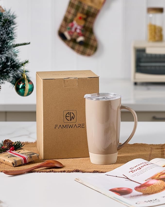 famiware Milkyway Coffee Mugs, 20oz Large Coffee Mug, Ceramic Mug Set of 4 with Lid, Cup Set with Handle for Latte, Tea, Cocoa, Milk, Home & Office, Cinnamon Brown and Dark Gray - Image 7