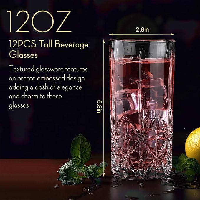 Uiifan Set of 12 Tall Highball Glasses 12 oz Crystal Drinking Glasses Clear Fancy Cups Vintage Textured Designer Glassware for Cocktail Tea Water Beer Soda Beverages, Dishwasher Safe(Stylish Style) - Image 2