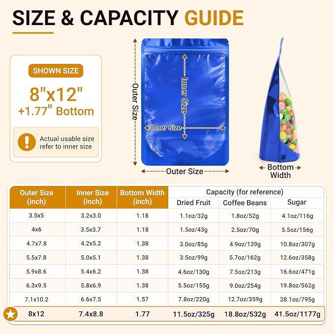 ANZNKU 100PCS Mylar Bags Resealable Large Smell Proof Bags(Blue, 8x12) | Stand Up Foil Pouches Clear Window, Sealable Bags for Small Business Packaging Snack Party Favors Candy Treats Food Storage - Image 2