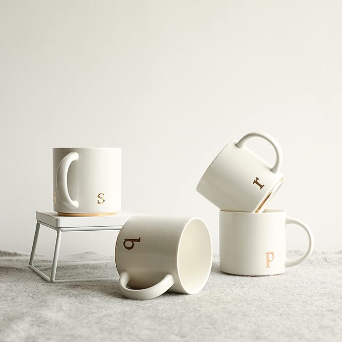 COLLECTIVE HOME - Monogram Ceramic Mugs, 15 oz Golden Initial Coffee Cups, Elegant Alphabet Tea Mugs, Elegant Personalized Mug with Gift Box, Luxurious Cups for Office and Home (s)