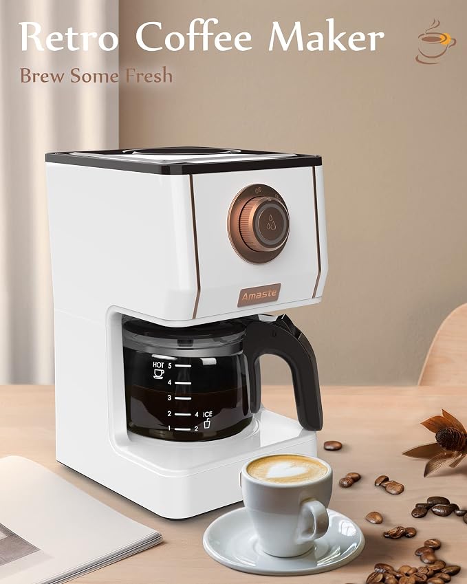 Amaste Retro Style Coffee Machine with 25 Oz Glass Coffee Pot, Reusable Coffee Filter & Three Brewing Modes, Warming Plate, Elegant White with Rose Gold - Image 2