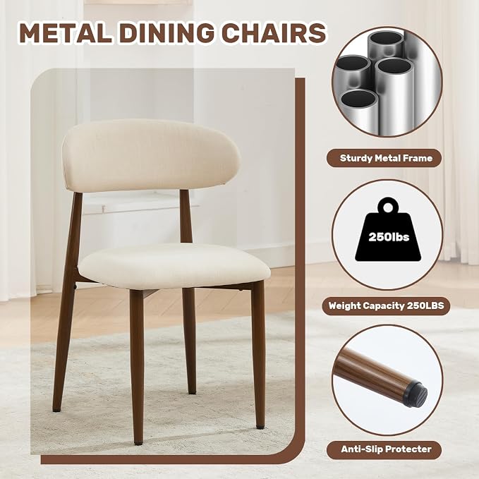 UVV Dining Chairs Set of 2, Metal Kitchen Chairs with Modern Fabric Upholstered for Dining Room, Beige - Image 7