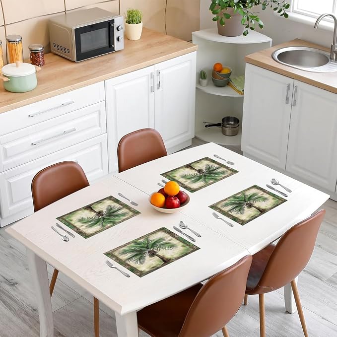 Feelyou Green Palm Tree Print Placemats Set of 4 12"x18" Palm Leaf Table Mats Placemat Beach Theme Placemats for Dining Table Indoor Outdoor Kitchen Hawaiian Beach Decor Table Place Mats - Image 3