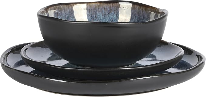 Gibson Elite Nardini 12 Piece (Service for 4) Plates and Bowls Reactive Glaze Dishes Stoneware Ceramic Dinnerware Set - Black and Blue - Image 7