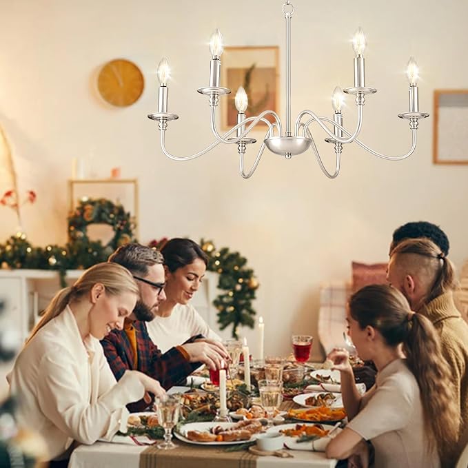 Depuley Modern Chandelier for Dining Room: 6-Light Brushed Nickel Farmhouse Hanging Ceiling Pendant Light Fixture for Kitchen Island - Industrial Vintage Candle Chandeliers for Living Room - Image 6