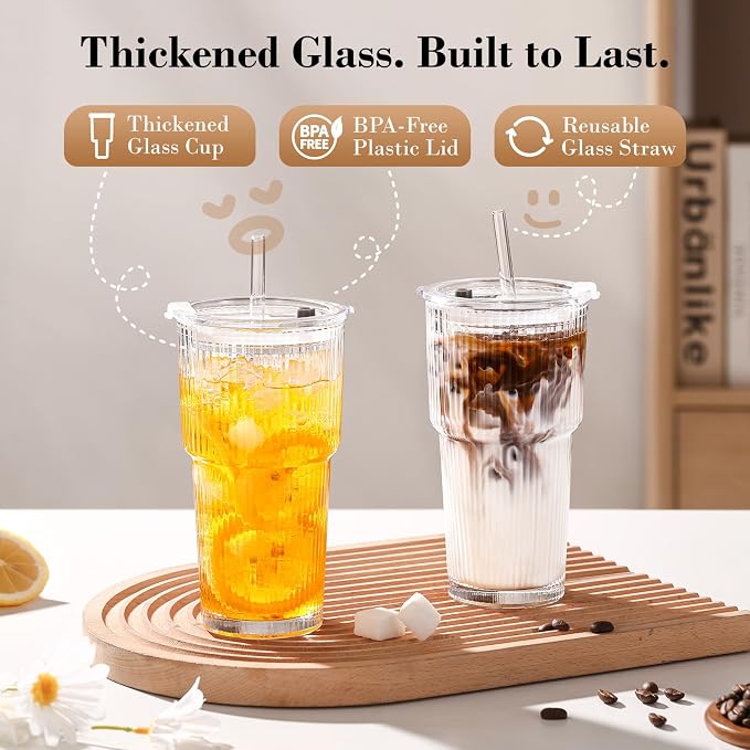 20oz Iced Coffee Cups with Lids, Ribbed Glass Cups with Lids and Straws | Thick Reusable Glass, Leak-Resistant Lids, Fits Most Car Cup Holders, For Iced Coffee, Tea, Smoothies and Cold Drinks - Image 8