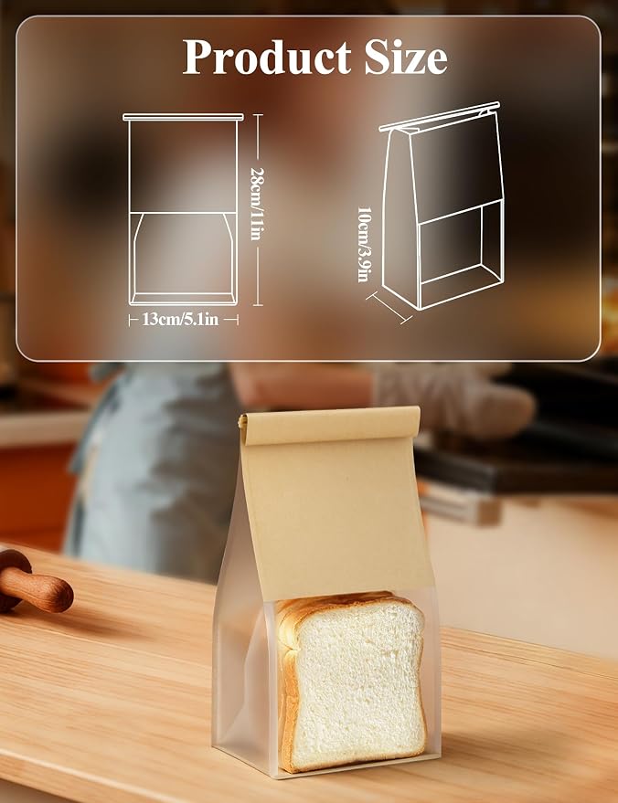 FireKylin Bread Cookie Bags with Window & Tin Tie 5.1x3.9x11.0 (50,Medium) | Food Safe Brown Paper, Clear Window, Reusable Tin Tie, for Homemade Bread, Cookies, Muffins, Pastry, Candy, Party Favor - Image 2