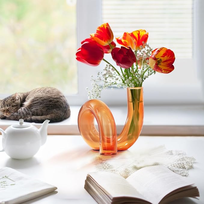 Joeyan Handmade Small Amber Glass Flower Vase,Decorative Geometric Glass Bud Vase for Modern Home Centerpieces Living Room Office,4.72" Abstract Vase for Single Flower and Dry Flowers - Image 6