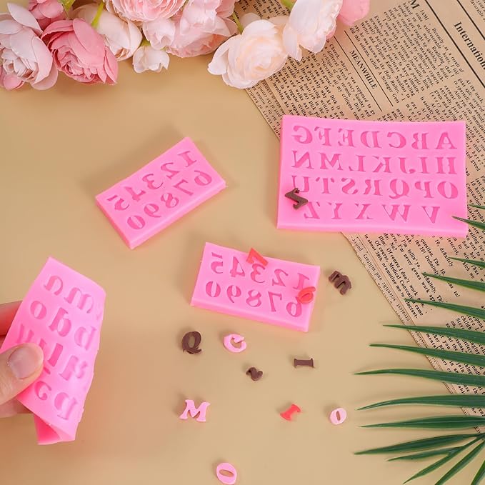 4 Pcs Silicone Fondant Mold, 26 Letters and 0-9 Numbers Chocolate Molds for Cake Decorating, Cupcake Topper, Desserts (Pink)