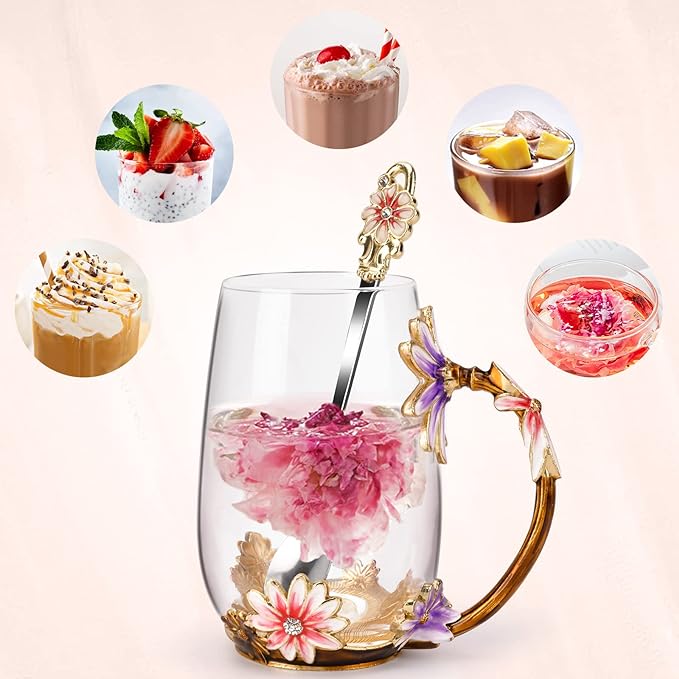 OEAGO Purple Gifts for Women Mom Mothers Day Glass Coffee Enamels Mug Best Birthday Flower Gifts for Her from Daughter Son Lead-Free Christmas Tea Cup with Spoon Set - Image 6