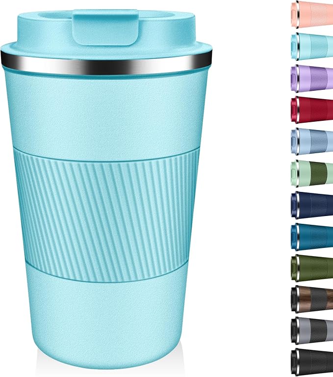 Insulated Coffee Tumbler 12 oz, Stainless Steel Coffee Mug with Lids, Travel Coffee Mug Leak Proof, Double Wall Vacuum Insulated Reusable Coffee Cup, Keep Drinks Hot and Cold (Turquoise, 12 Ounces) by Unknown