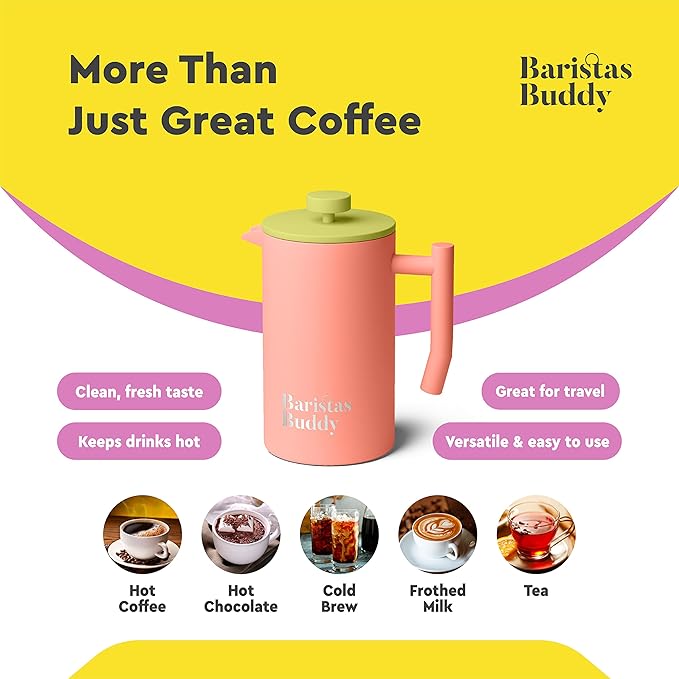 Cute Pink French Press Coffee Maker - Colorful, Retro And Stylish Insulated Coffee Brewer - Large Size Brews 4 Cups