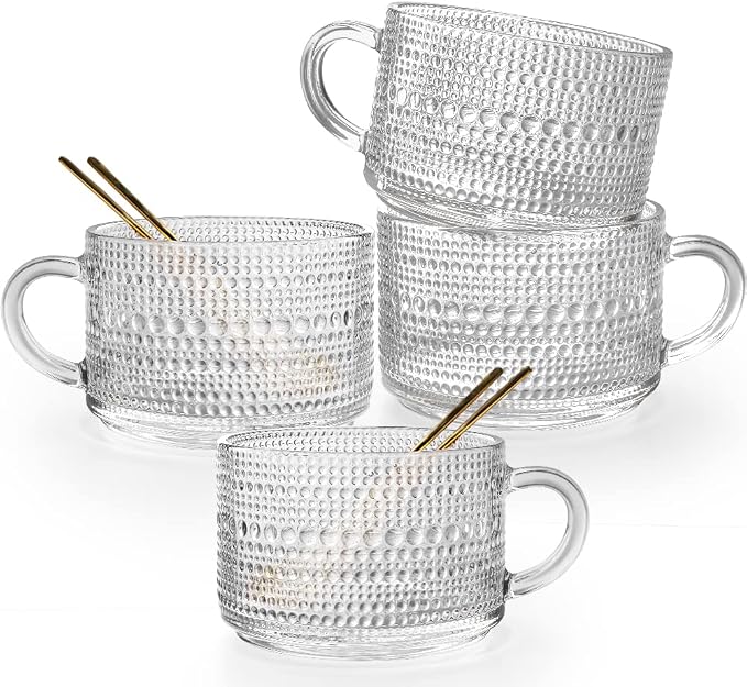 Vintage Glass Coffee Mugs Set of 4, 14 Ounces Embossed Glass Coffee Cups Stackable Coffee Mugs for Cereal, Yogurt, Latte, Clear Breakfast Cups with Handle for Hot or Cold Beverages (Beads*4) by Ymyaye