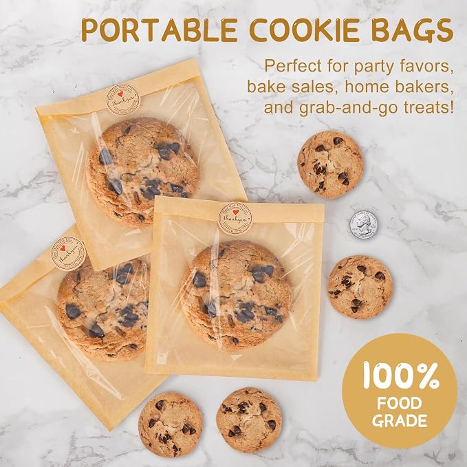 SUREHOME Cookie Bags Small Brown Paper Bags with Window 100 Pcs Thank You Stickers 5.7 x 6.5 Inch Individual Heat Sealable Kraft Bakery Bags for Gift Giving, Treats, Snacks, Baked Goods Packaging - Image 6