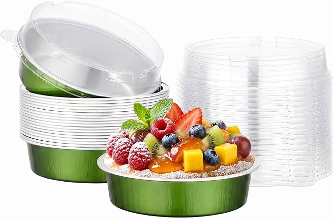 Beasea 20 Pack Mini Tart Pans with Lids, 7.3oz Avocado Green Disposable Aluminum Foil Baking Tins Cups, 4" Round Pie Container for Individual Cupcake Dessert Muffin Cheesecake Quiche Fruit Tart by Beasea