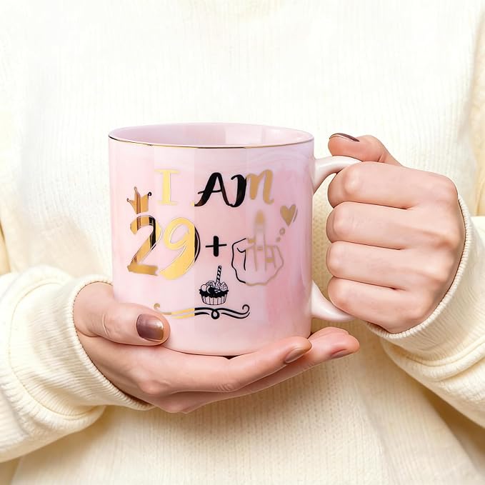 Funny 30th Birthday Gifts for Women - 14oz Pink Mug with Cheeky 29+1 Joke | Elegant Marble Ceramic Gold Print Coffee Cup, with Greeting Card, Beautiful Gift Box, Perfect for Birthday Celebration, Party - Image 5
