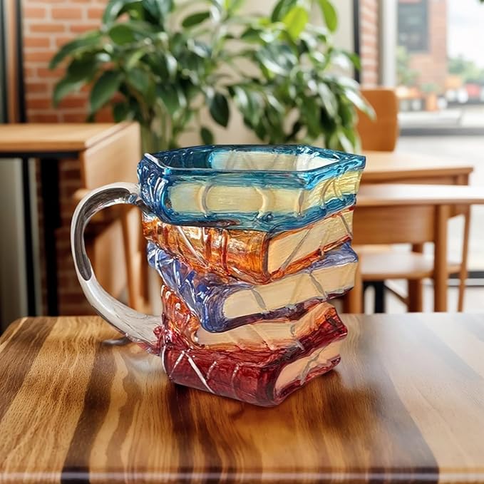 3D Painted Book Stack Glass Coffee Mug, 12.99 oz Colorful Heat-Resistant Cup, Christmas & Holiday Gifts for Books Lovers, Readers, Writers, Librarians, Book Club and Bookworm Fans