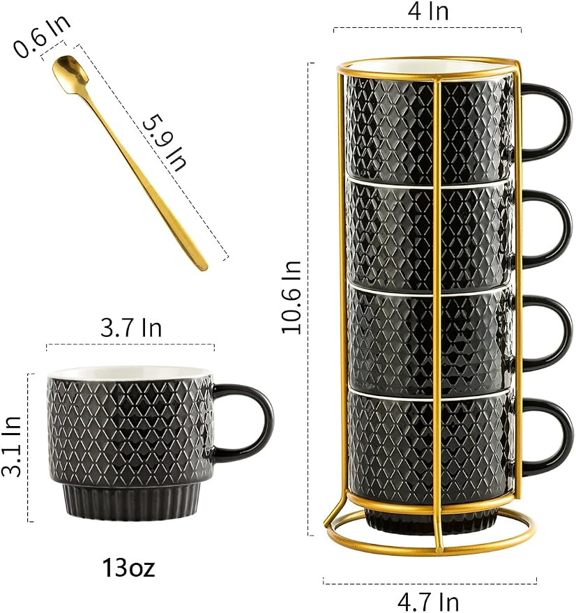 Gomakren Coffee Mugs Set of 4, 13oz Stackable Coffee Cups with Stand, Black | Gloss Embossed Stoneware, Gold Rack & Spoons | for Coffee, Milk, Tea, Cocoa, Daily & Gifting Use | Microwave/Dishwasher Safe - Image 4