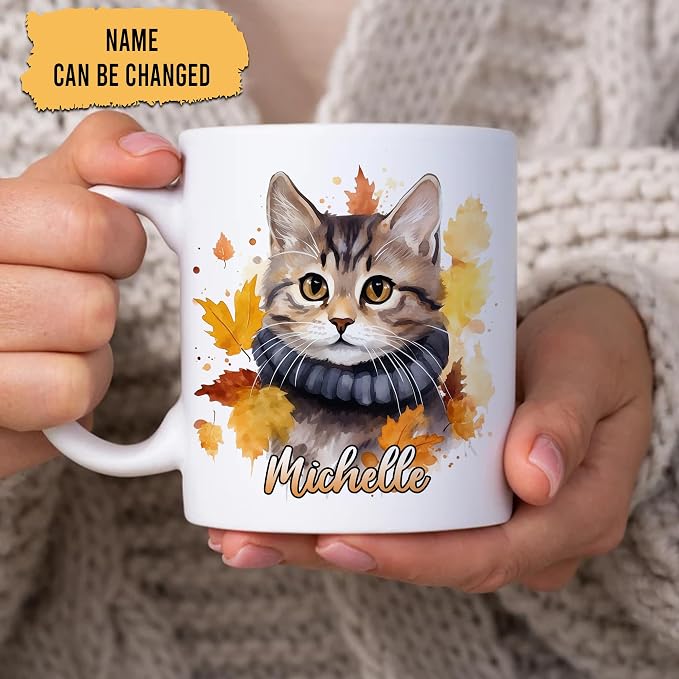 Hyturtle Personalized Fall Cat Maple Leaves Coffee Mug Gifts on Birthday | Gifts For Cat Lovers - Fall Autumn Decor Gift For Farmhouse Thanksgiving - Custom Name 11oz White Ceramic Coffee Tea Mug - Image 2